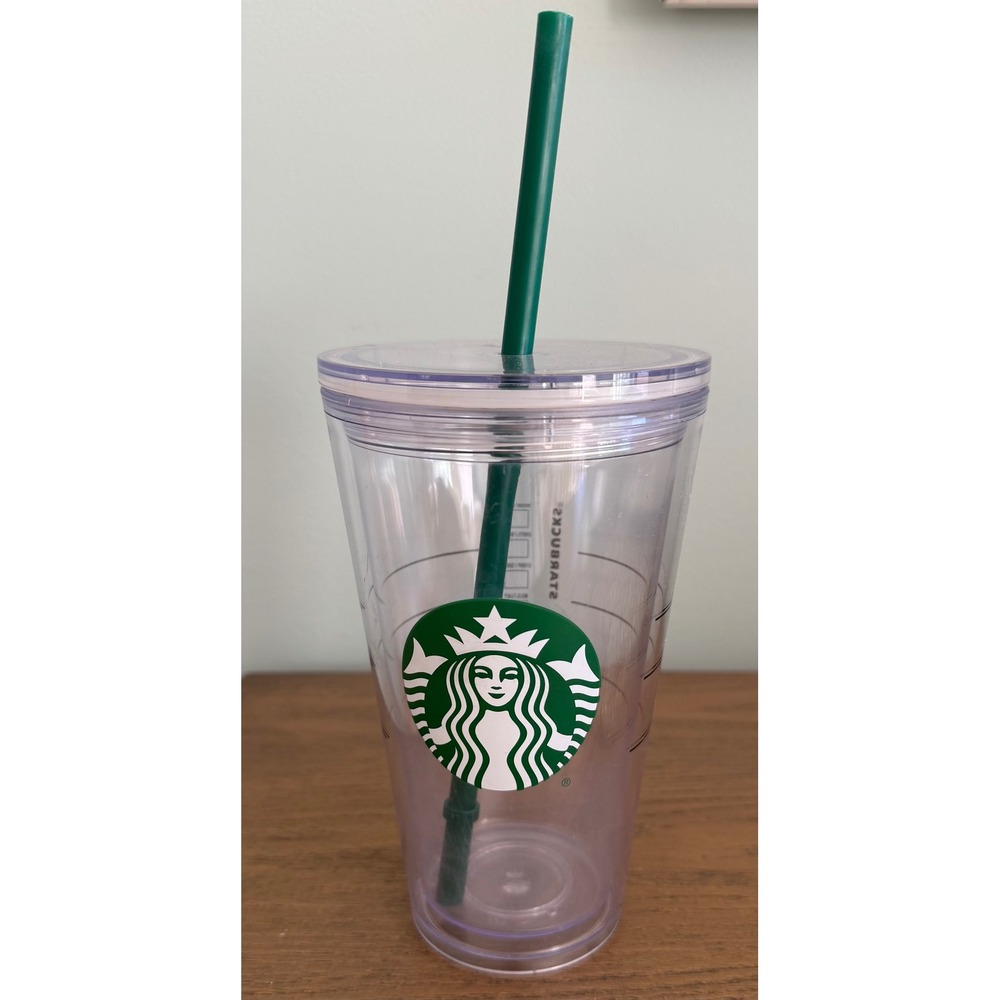 Starbucks Cold Cup Tumbler Clear Plastic Venti 16oz with Green‎ Straw Lid